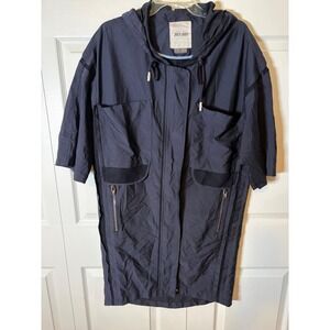 Jucy Judy Women Navy Blue Mesh Detail Hooded Windbreaker Longline Jacket Size 90